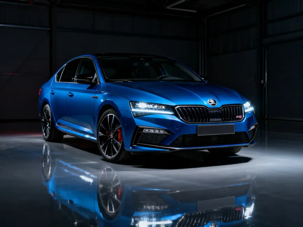 Niebieska Skoda Superb RS w nowoczesnym studiu, prezentująca sportowy przód i agresywną stylistykę nadwozia.