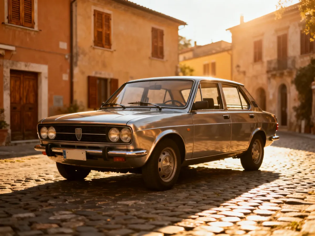 Klasyczny Fiat 131 zaparkowany na brukowanej uliczce włoskiego miasteczka w ciepłym świetle zachodzącego słońca.