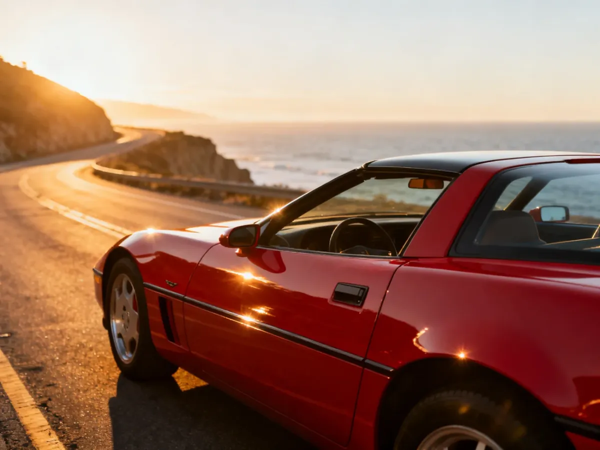 Wiśniowy Chevrolet Corvette C4 zaparkowany na malowniczej nadmorskiej trasie w świetle zachodzącego słońca.