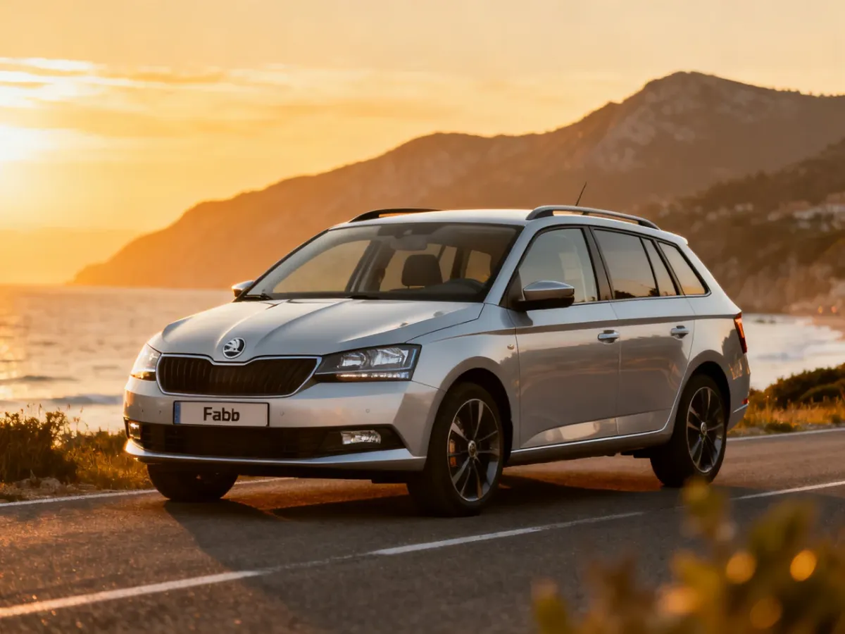 Srebrna Skoda Fabia Combi zaparkowana na nadmorskiej drodze podczas zachodu słońca, podkreślająca przestronność auta.