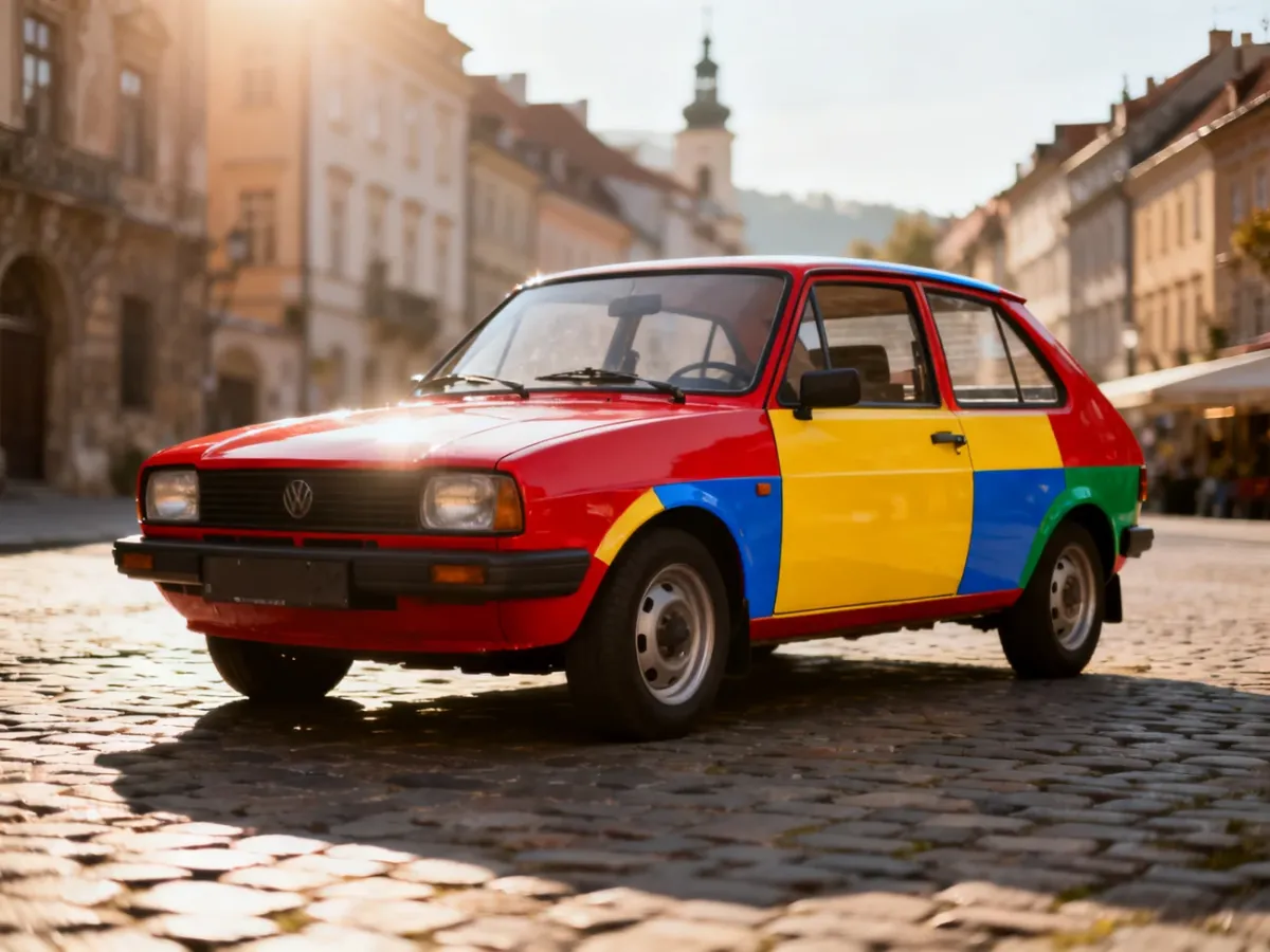 Wielokolorowy Volkswagen Polo Harlekin zaparkowany na brukowanej ulicy w europejskim starym mieście.