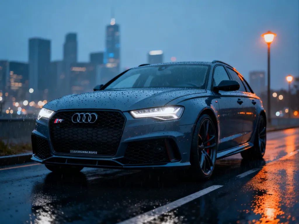 Agresywne Audi RS6 sedan zaparkowane na mokrym asfalcie o zmroku, z widocznym detalem przedniego grilla i reflektorów LED.