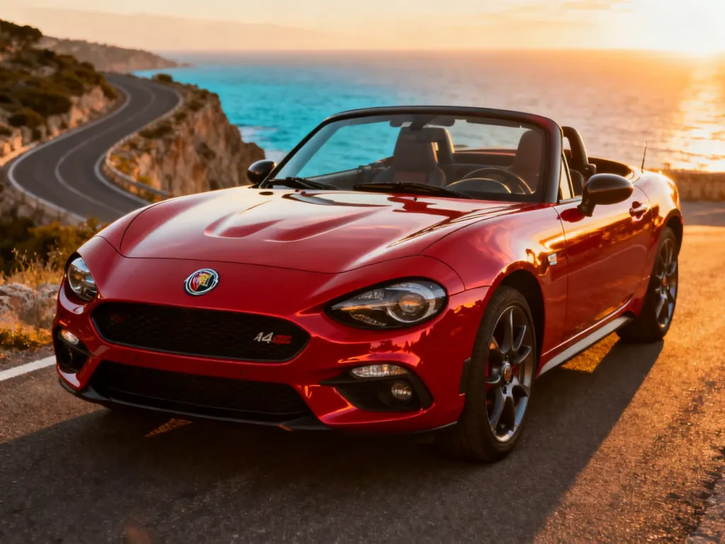 Czerwony Abarth 124 spider zaparkowany na malowniczej nadmorskiej drodze podczas zachodu słońca.