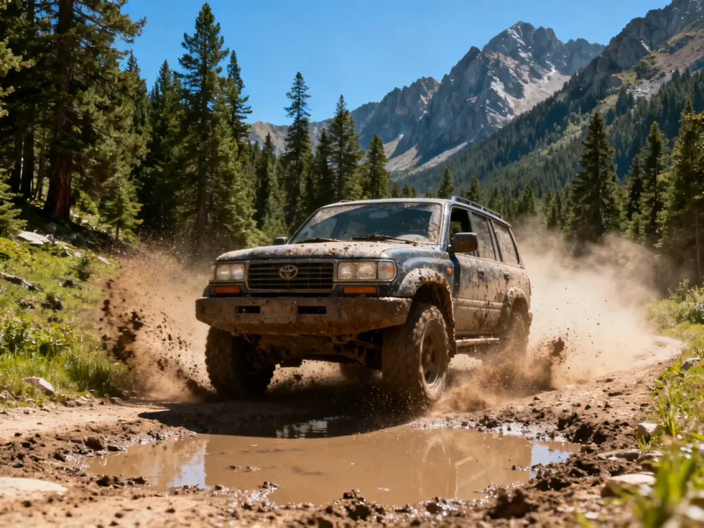 Dacia Duster 4x4 jadąca po piaszczystym górskim szlaku i pokonująca błotnistą kałużę na tle skalistych szczytów.