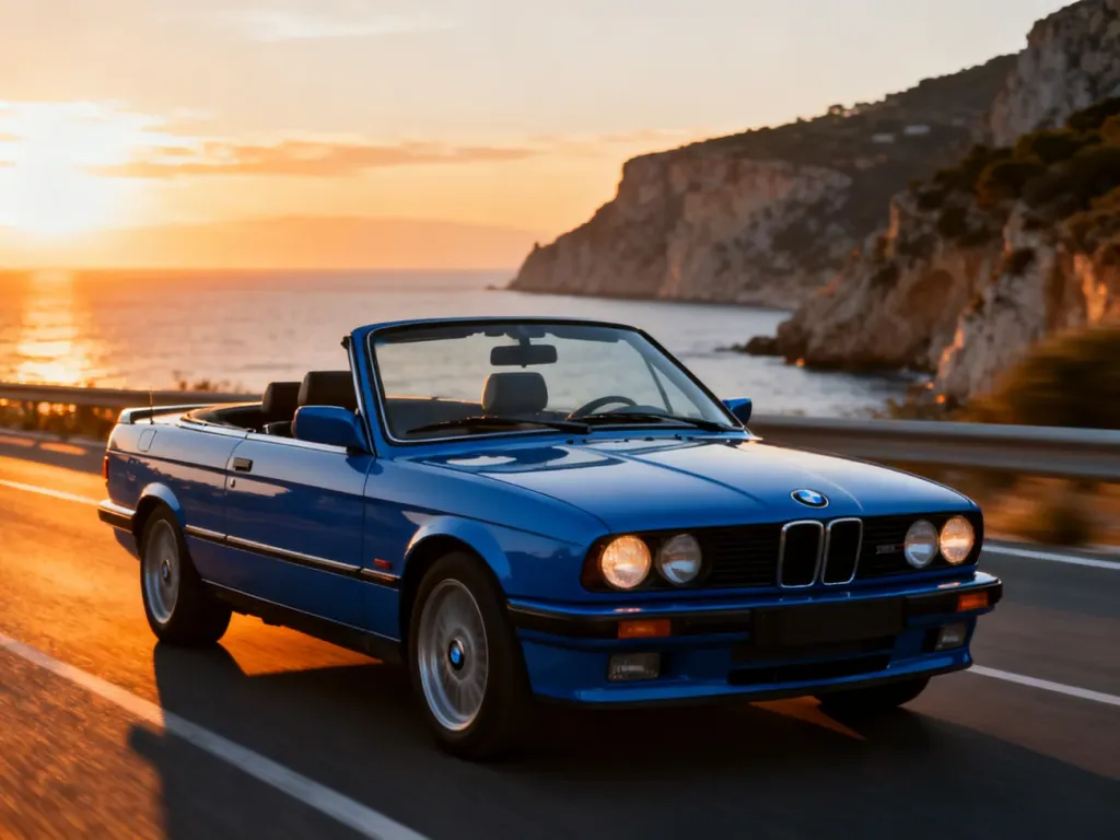 Klasyczne BMW E30 cabrio z otwartym dachem jadące malowniczą nadmorską trasą podczas zachodu słońca.