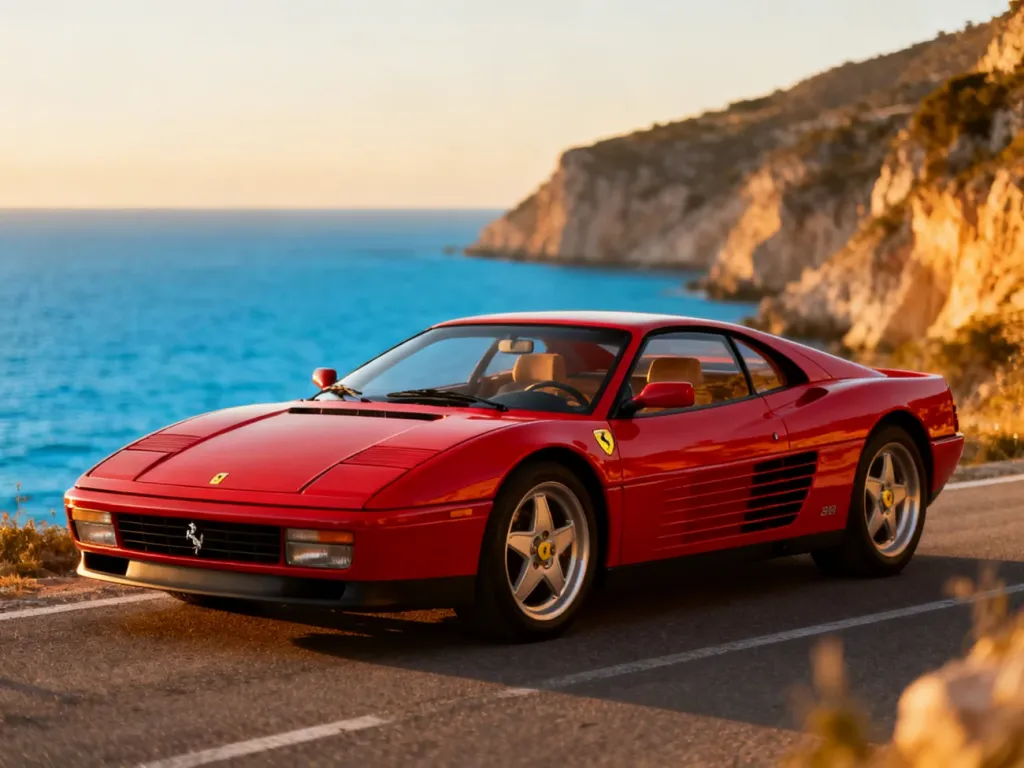 Czerwone Ferrari 348 zaparkowane na malowniczej nadmorskiej drodze podczas złotej godziny.