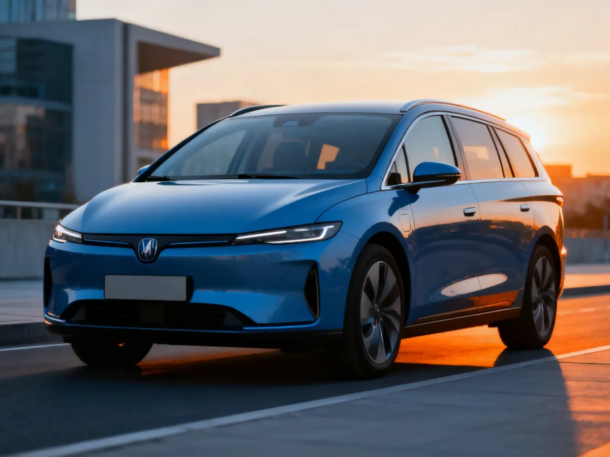 Nowoczesne elektryczne kombi MG 5 zaparkowane na tle miejskiej architektury w świetle zachodzącego słońca.