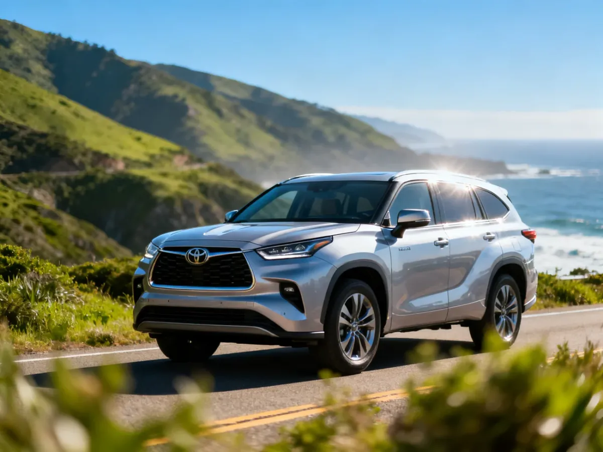 Srebrna Toyota Grand Highlander zaparkowana na malowniczej górskiej drodze z widokiem na zielone wzgórza.