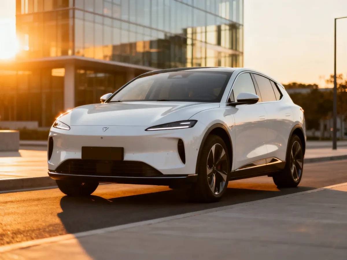 Biały elektryczny SUV Seres 3 zaparkowany na nowoczesnej ulicy w blasku zachodzącego słońca.
