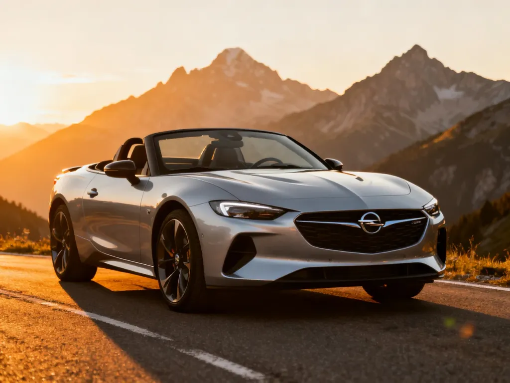 Srebrny Opel Speedster zaparkowany na malowniczej górskiej drodze podczas zachodu słońca, podkreślający jego sportową sylwetkę.