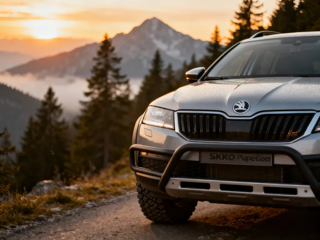 Srebrna Skoda Superb Scout zaparkowana na górskiej drodze w blasku zachodzącego słońca, podkreślająca terenowy charakter auta.