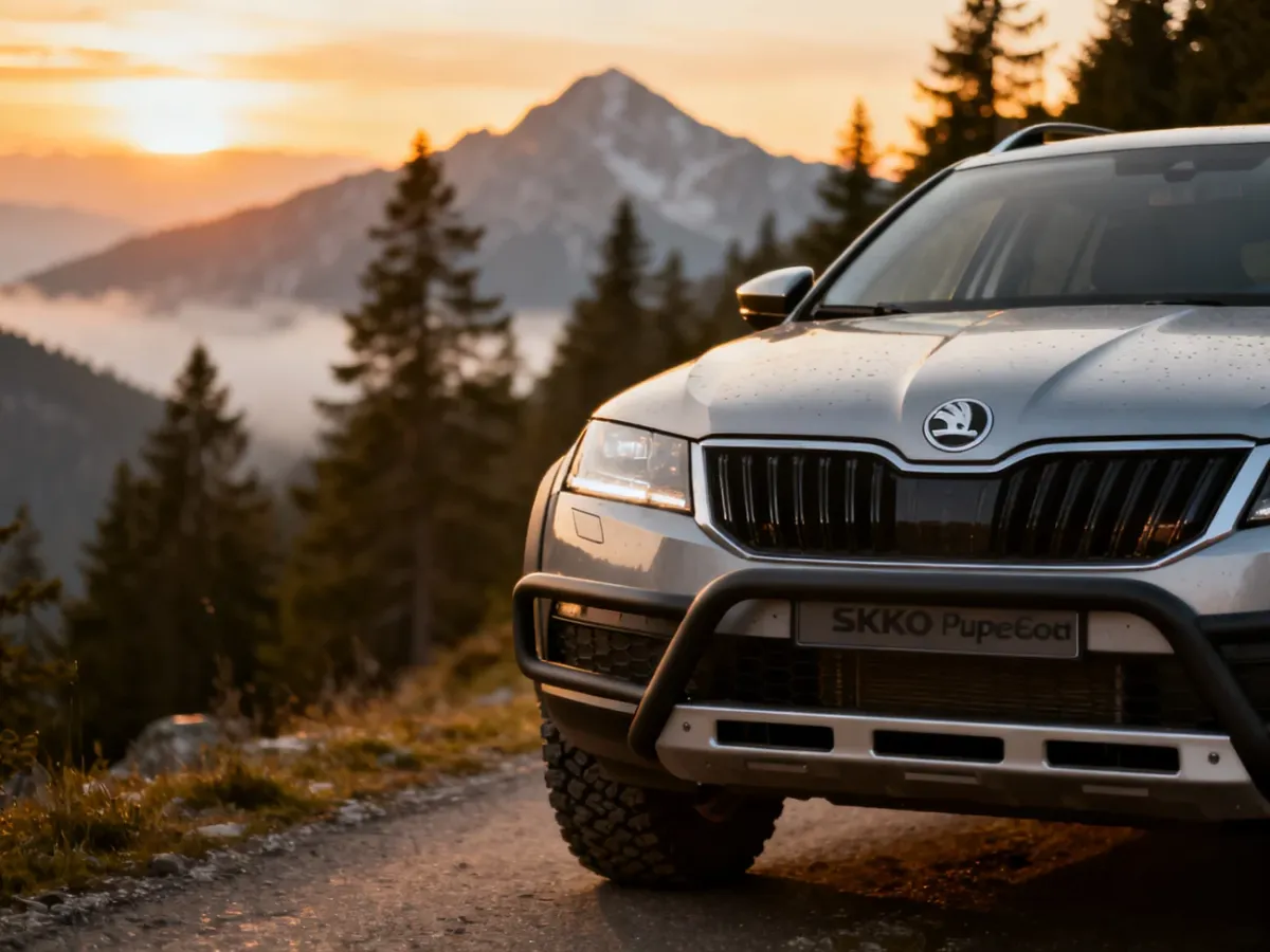 Srebrna Skoda Superb Scout zaparkowana na górskiej drodze w blasku zachodzącego słońca, podkreślająca terenowy charakter auta.