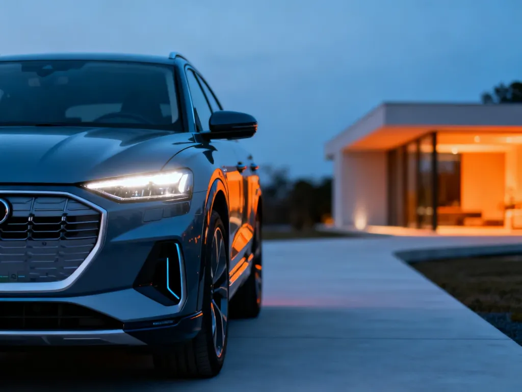 Nowoczesny Audi Q6 e-tron z włączonymi światłami LED zaparkowany na tle minimalistycznego domu o zmroku.