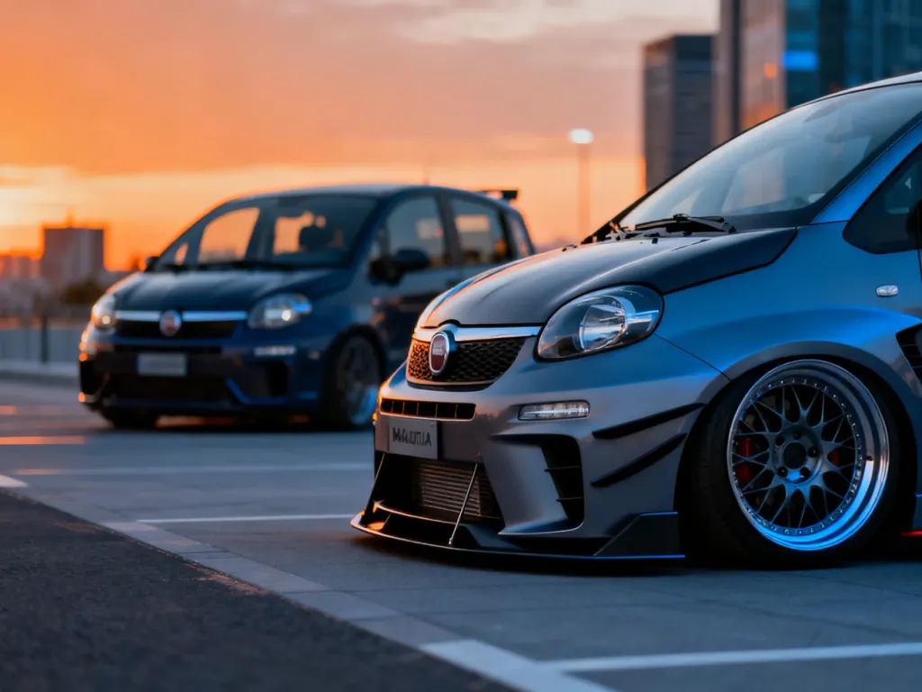 Zmodyfikowany Fiat Multipla z poszerzonym nadwoziem i sportowym zawieszeniem na tle miejskiego krajobrazu o zachodzie słońca.
