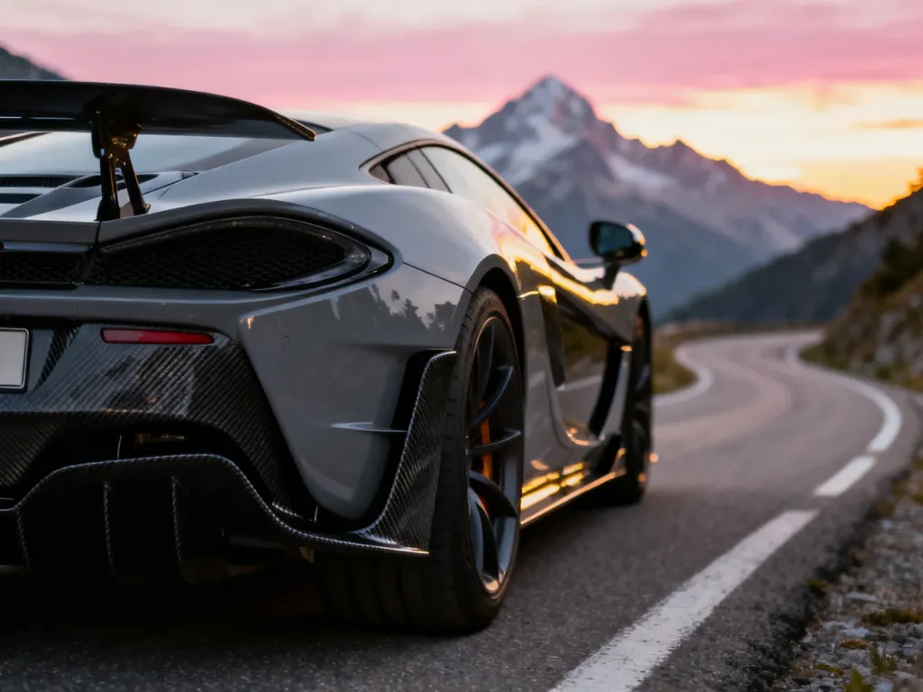 Matowy, szary Mercedes AMG GT Black Series zaparkowany na krętej górskiej drodze o zachodzie słońca.