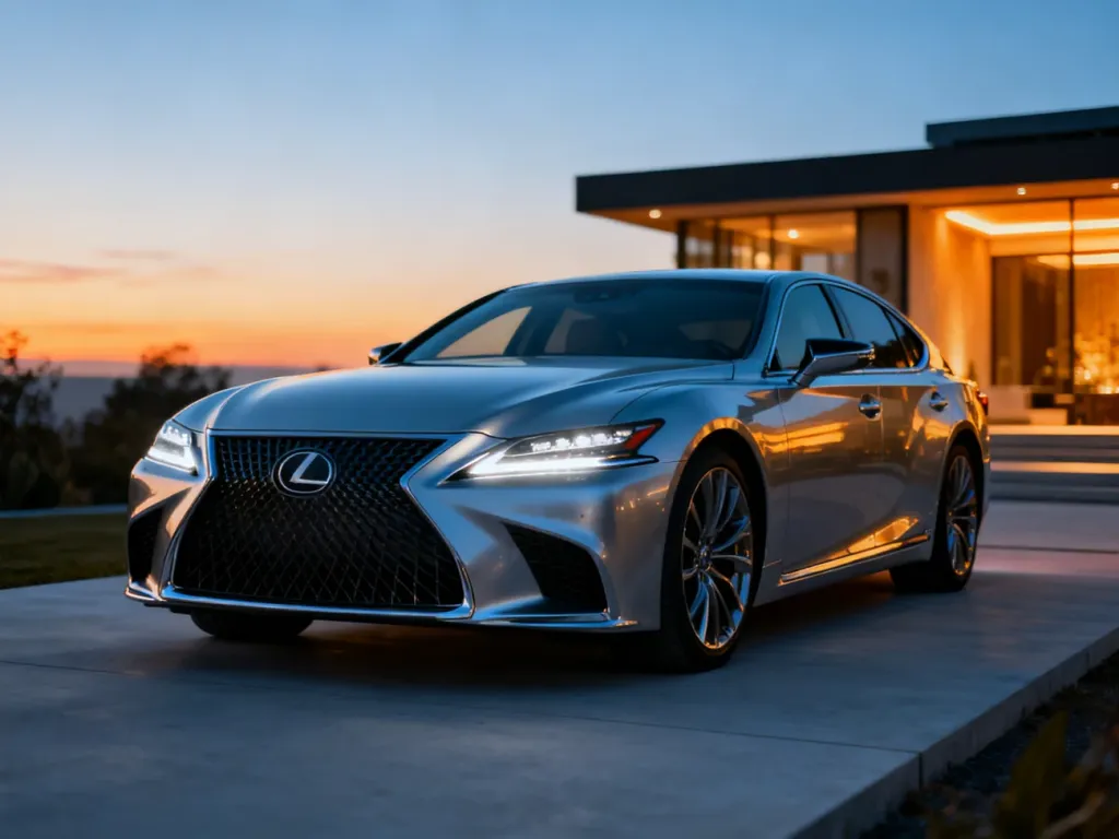 Srebrny Lexus LS500 zaparkowany na nowoczesnym podjeździe o zachodzie słońca, podkreślający luksusowy design auta.