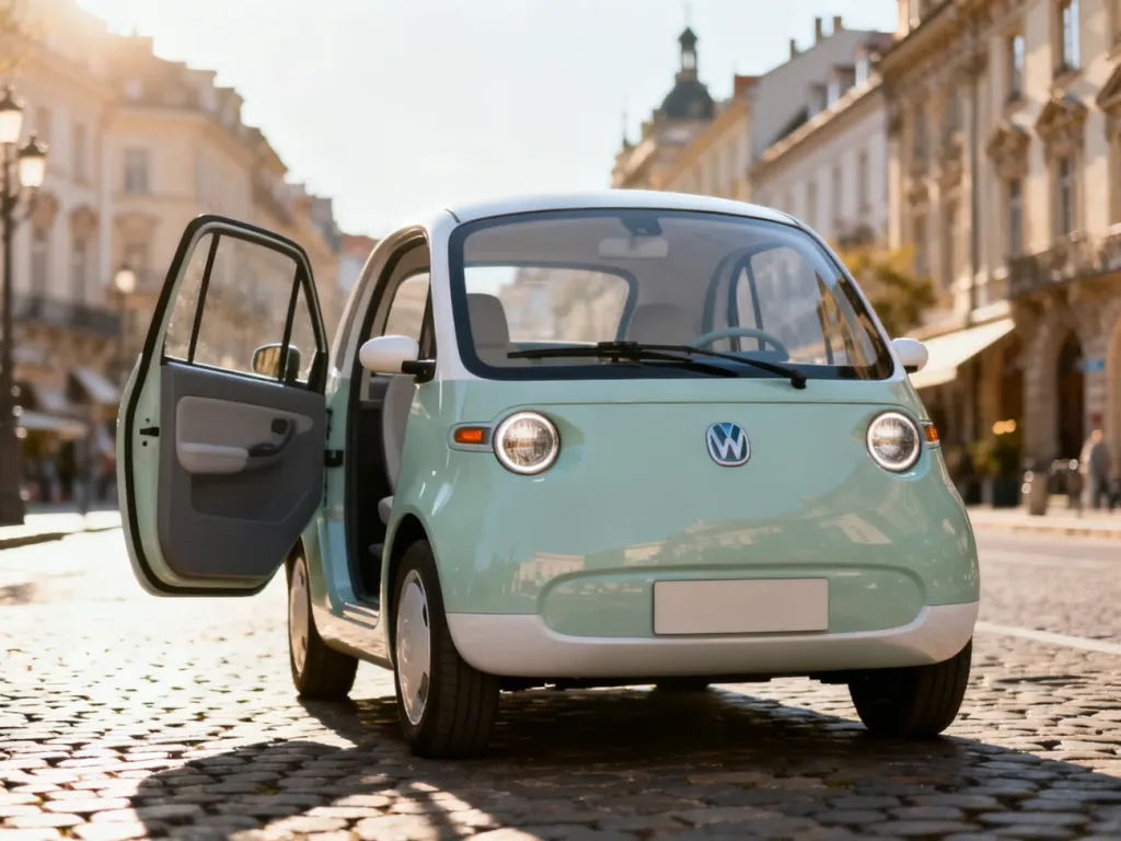 Nowoczesny, kompaktowy elektryczny Microlino zaparkowany na słonecznej, zabytkowej ulicy europejskiego miasta.