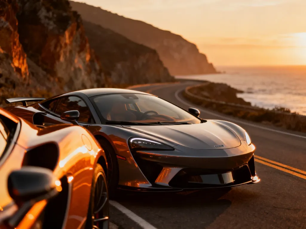 Nowoczesny McLaren GT zaparkowany na krętej nadmorskiej drodze podczas zachodu słońca.