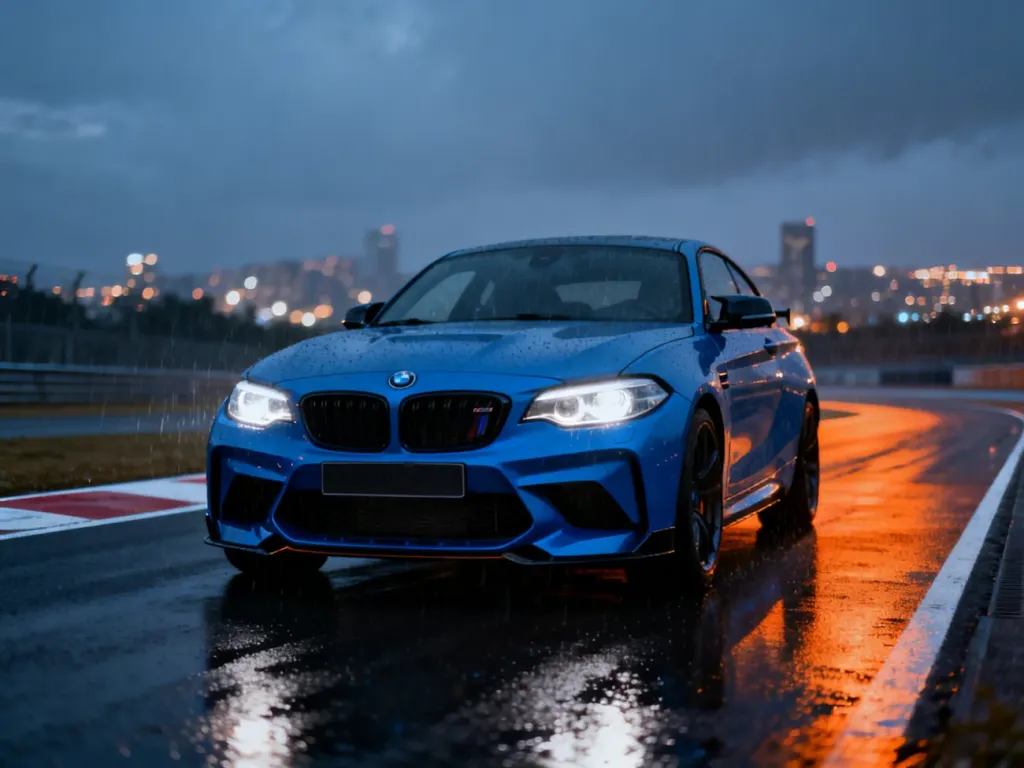 Niebieskie BMW M2 zaparkowane na torze wyścigowym o zmroku, podkreślające sportowy charakter i agresywny design modelu.