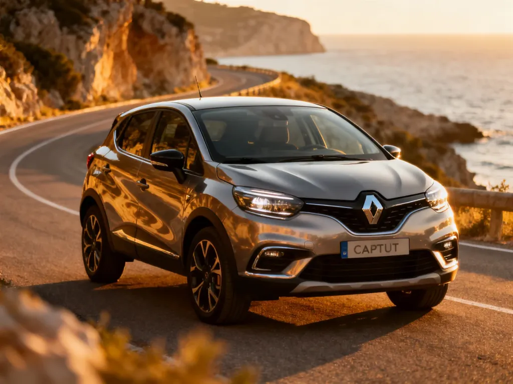 Nowy Renault Captur zaparkowany na malowniczej nadmorskiej drodze w świetle zachodzącego słońca.