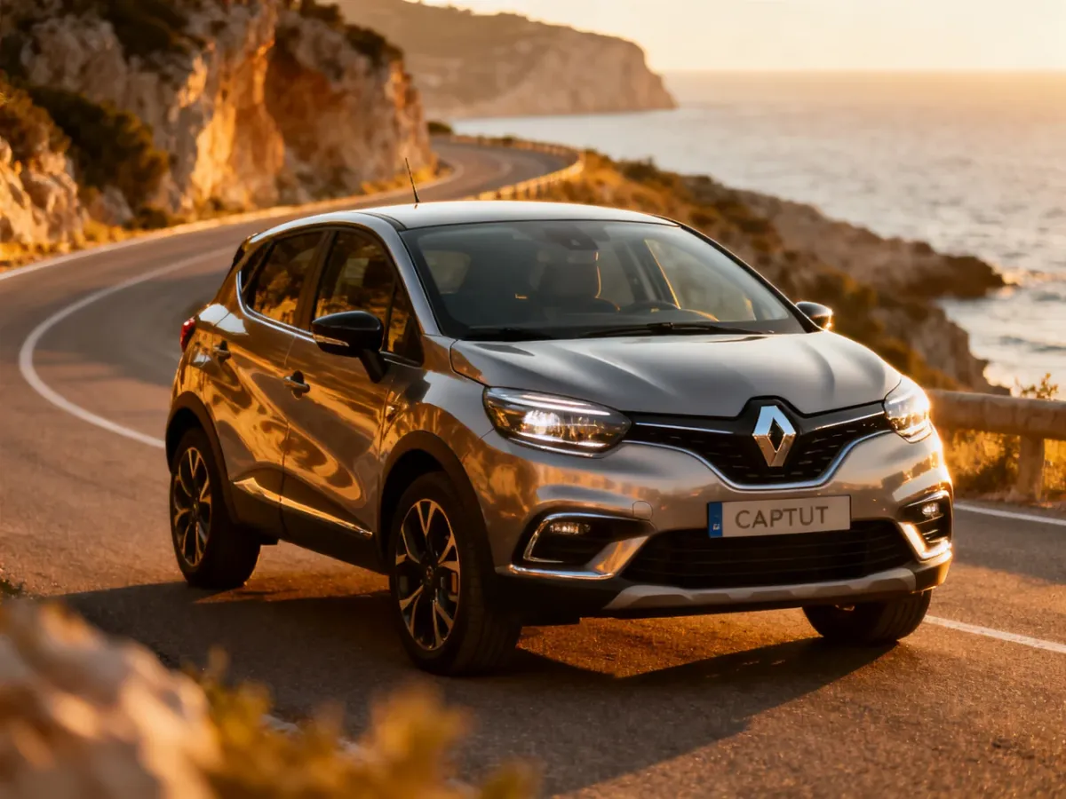 Nowy Renault Captur zaparkowany na malowniczej nadmorskiej drodze w świetle zachodzącego słońca.