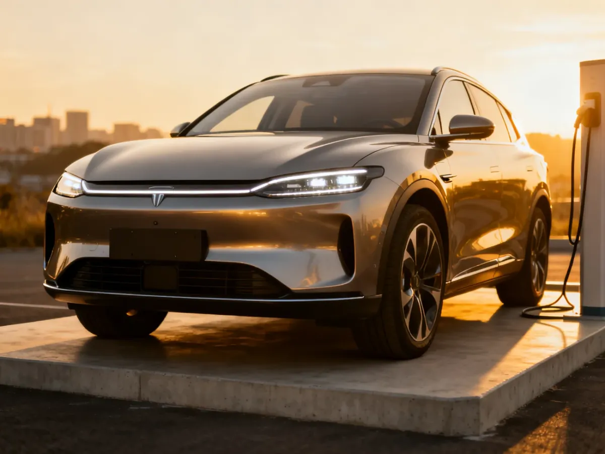 Nowoczesny elektryczny Ford Explorer zaparkowany przy stacji ładowania w świetle zachodzącego słońca.
