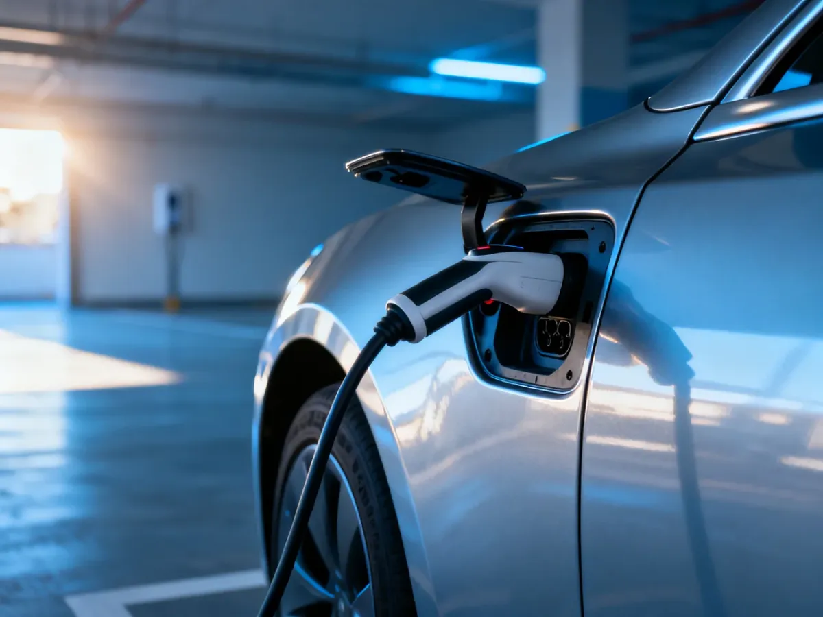 Srebrna Tesla Model 3 podłączona do stacji ładowania w nowoczesnym garażu, podkreślająca wygodę użytkowania auta elektrycznego.