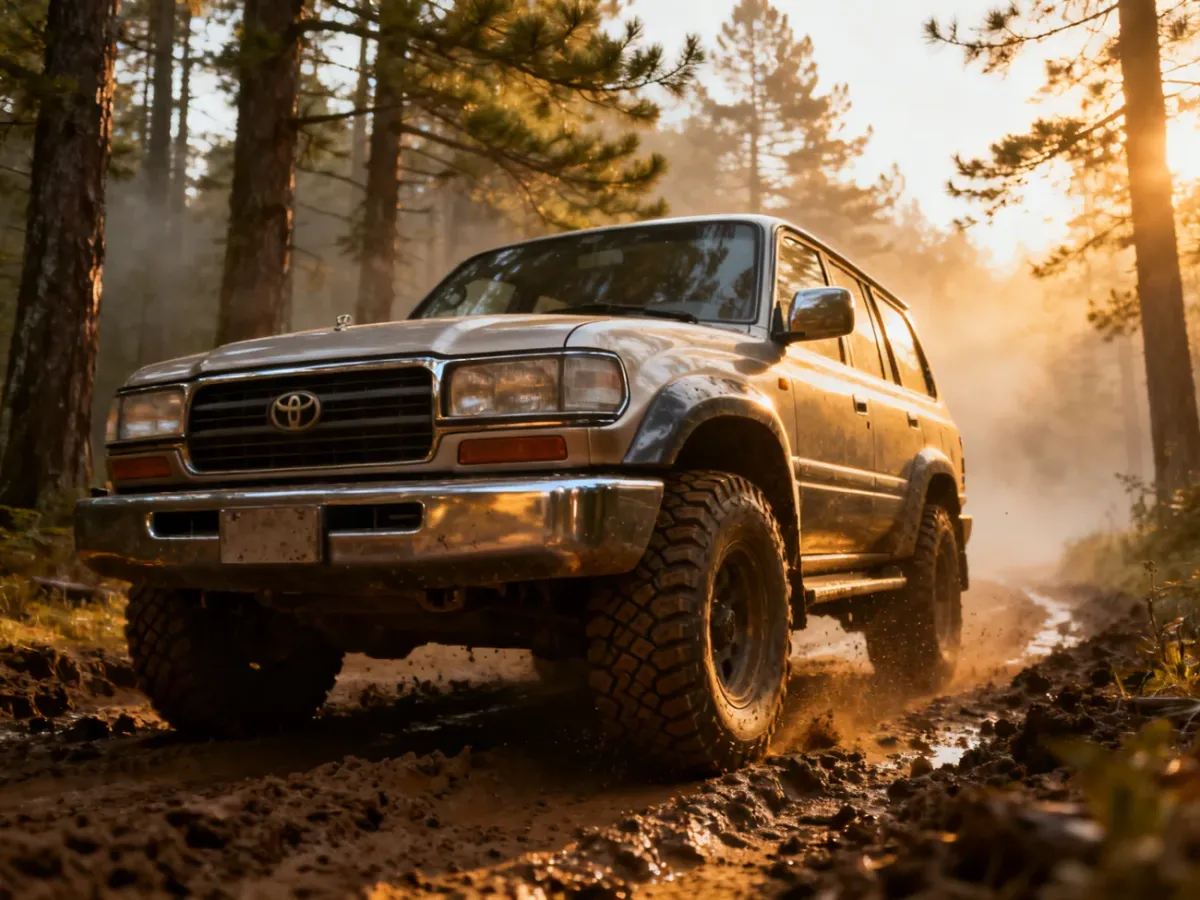 Toyota Land Cruiser jadąca przez błotnistą leśną ścieżkę w promieniach zachodzącego słońca.