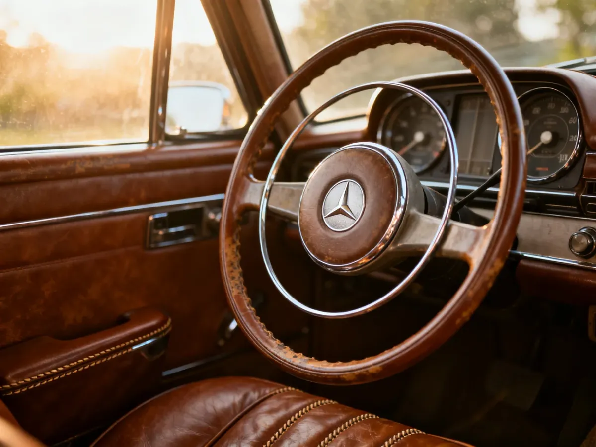 Zbliżenie na klasyczną kierownicę Mercedesa z logo i skórzaną tapicerką w kolorze koniaku, budujące nostalgiczny klimat.