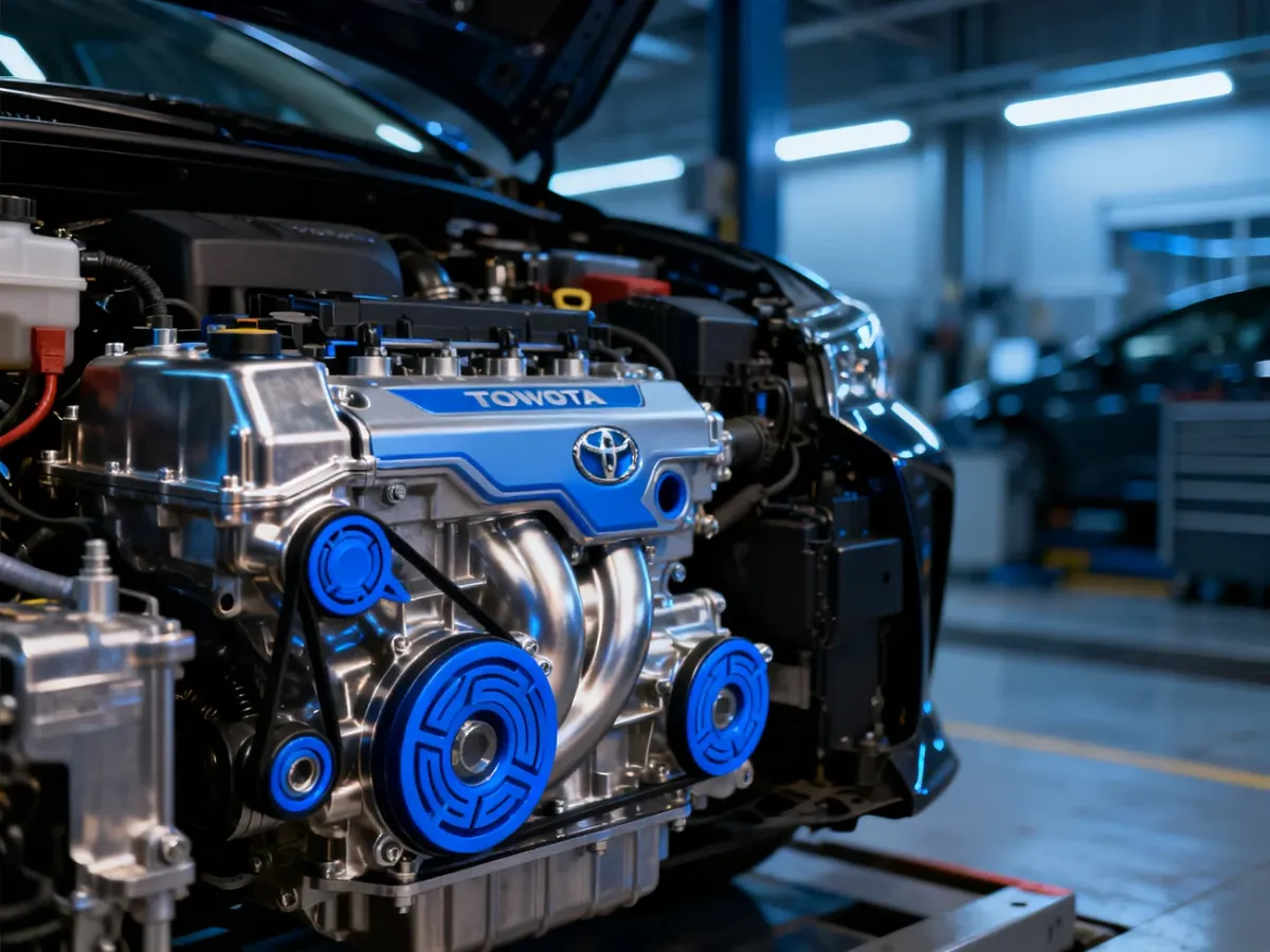 Komora silnika hybrydowego Toyoty Corolla z widocznymi detalami układu napędowego w profesjonalnym oświetleniu.