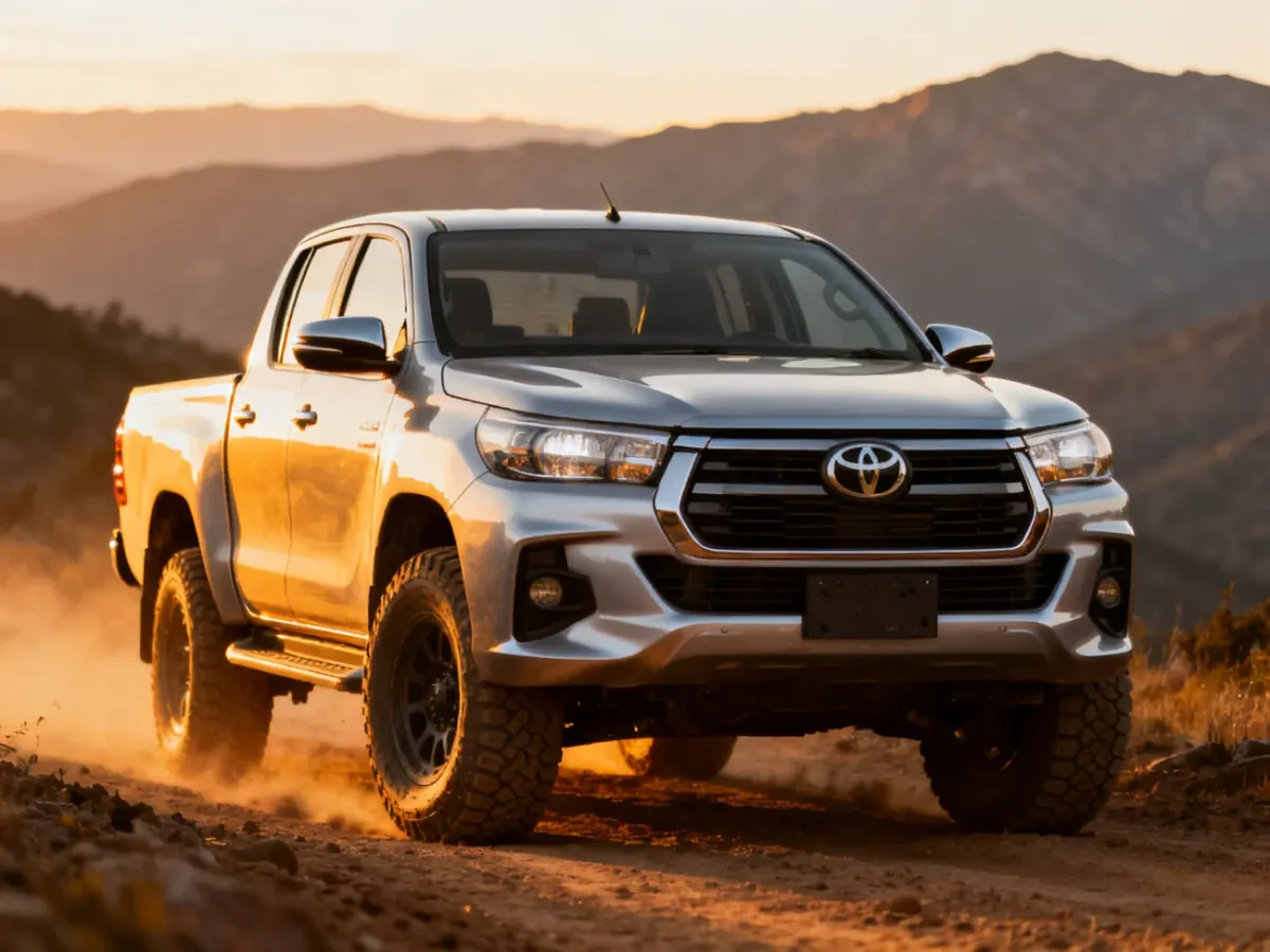 Srebrna Toyota Hilux na piaszczystej drodze w górskim krajobrazie podczas zachodu słońca.