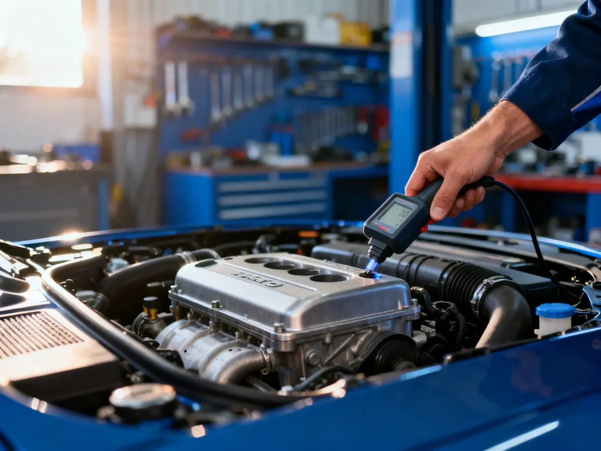 Mechanik wykonujący diagnostykę silnika Toyoty C-HR za pomocą specjalistycznego urządzenia.