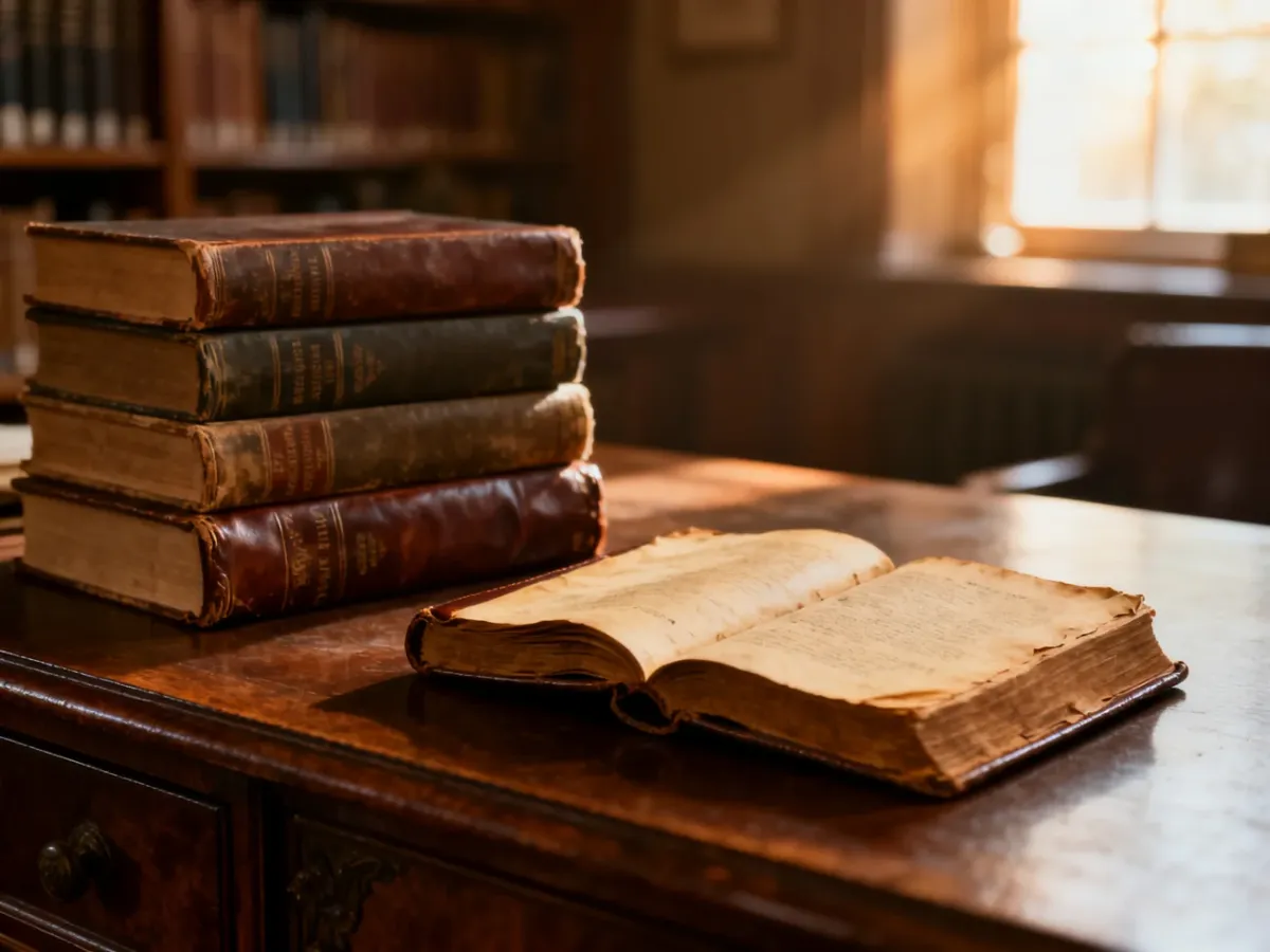 Stos klasycznych książek na drewnianym biurku w przytulnej bibliotece, zachęcający do rozpoczęcia przygody z literaturą.