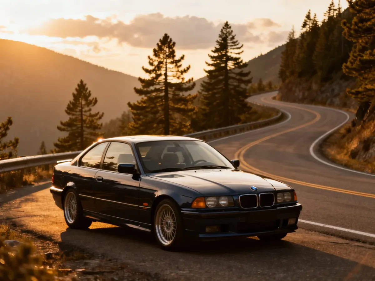 Klasyczne BMW E36 coupe zaparkowane na malowniczej górskiej drodze w blasku zachodzącego słońca.