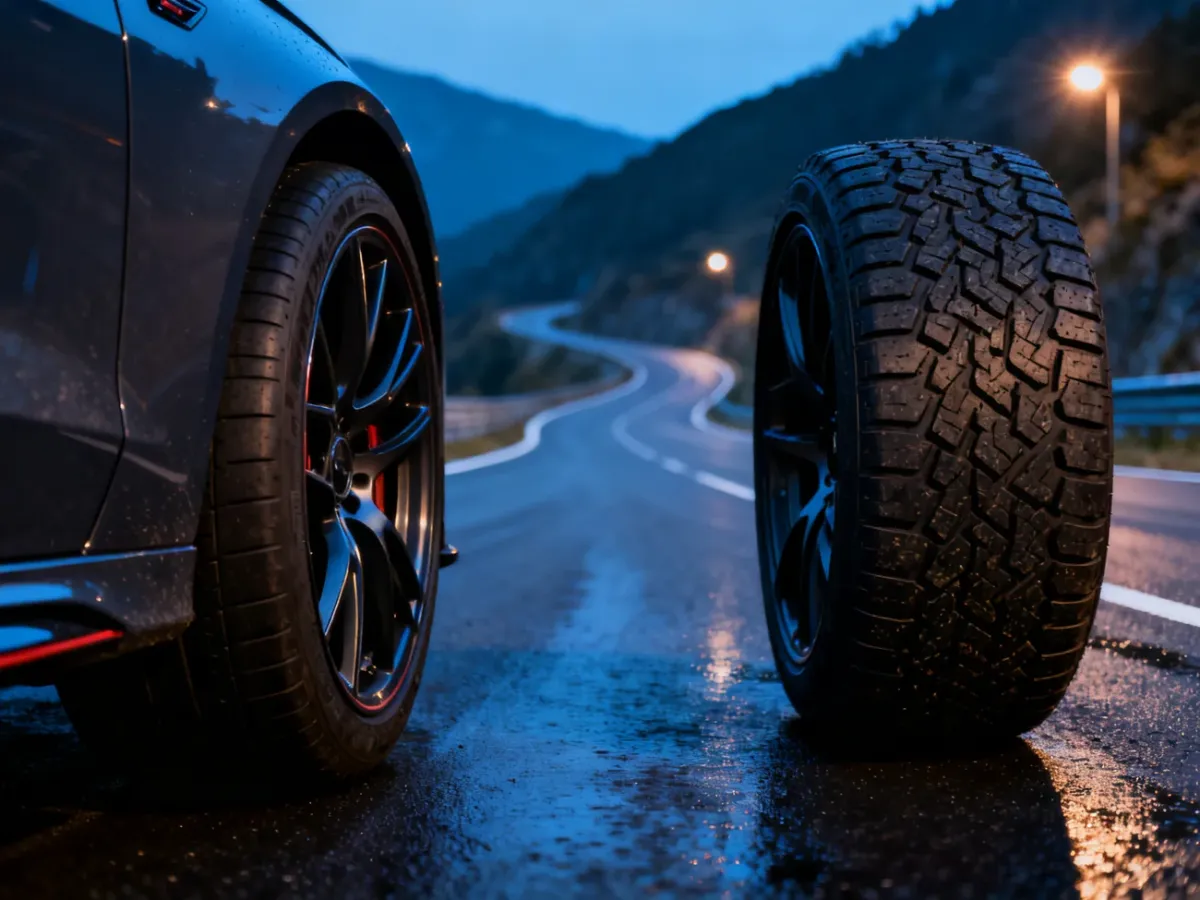 Zbliżenie na opony samochodowe o różnym bieżniku na mokrym asfalcie, obrazujące różnice między napędem na tył a 4x4.