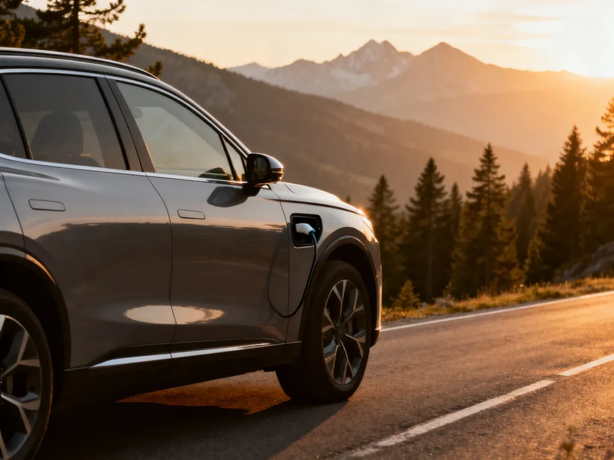 Mitsubishi Outlander PHEV zaparkowany na malowniczej górskiej drodze w świetle zachodzącego słońca.