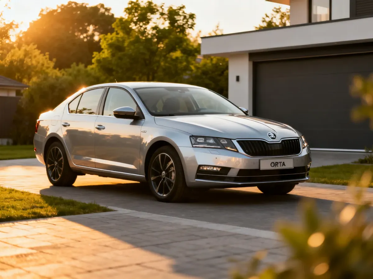 Srebrna Skoda Octavia zaparkowana przed nowoczesnym domem w świetle zachodzącego słońca.