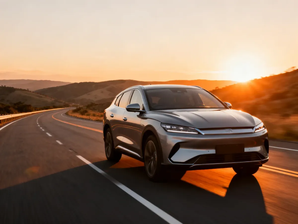 Nowoczesna hybrydowa Toyota C-HR jadąca autostradą w blasku zachodzącego słońca.