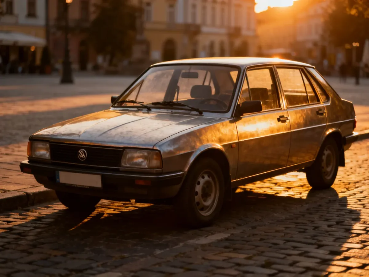 Zabytkowa Skoda Felicia zaparkowana na brukowanej uliczce w blasku zachodzącego słońca.