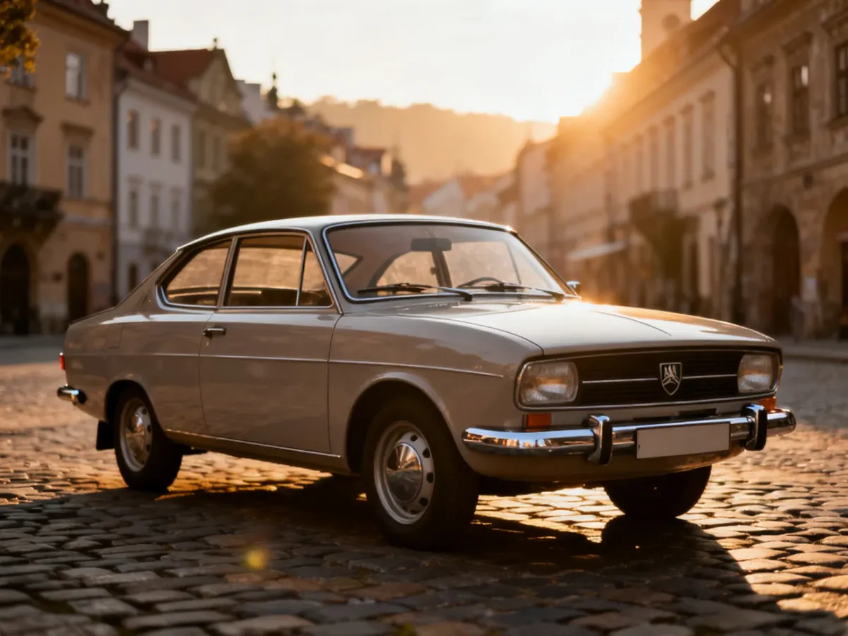Klasyczna Škoda 110R coupe zaparkowana na brukowanej uliczce zabytkowego europejskiego miasta w świetle zachodzącego słońca.
