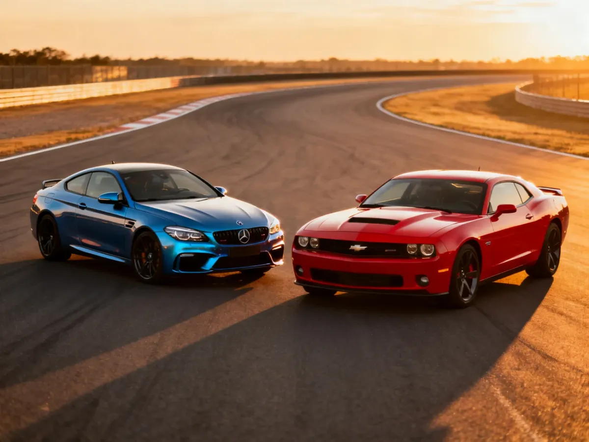Niebieskie BMW M2 i czerwony Ford Mustang GT zaparkowane obok siebie na torze wyścigowym podczas zachodu słońca.