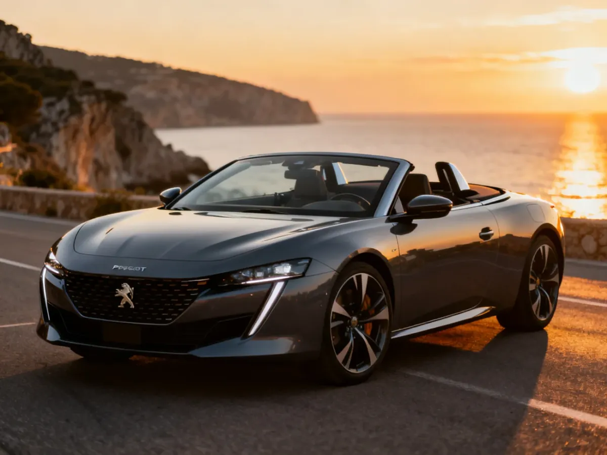 Nowoczesny kabriolet marki Peugeot zaparkowany na malowniczym wybrzeżu podczas zachodu słońca.