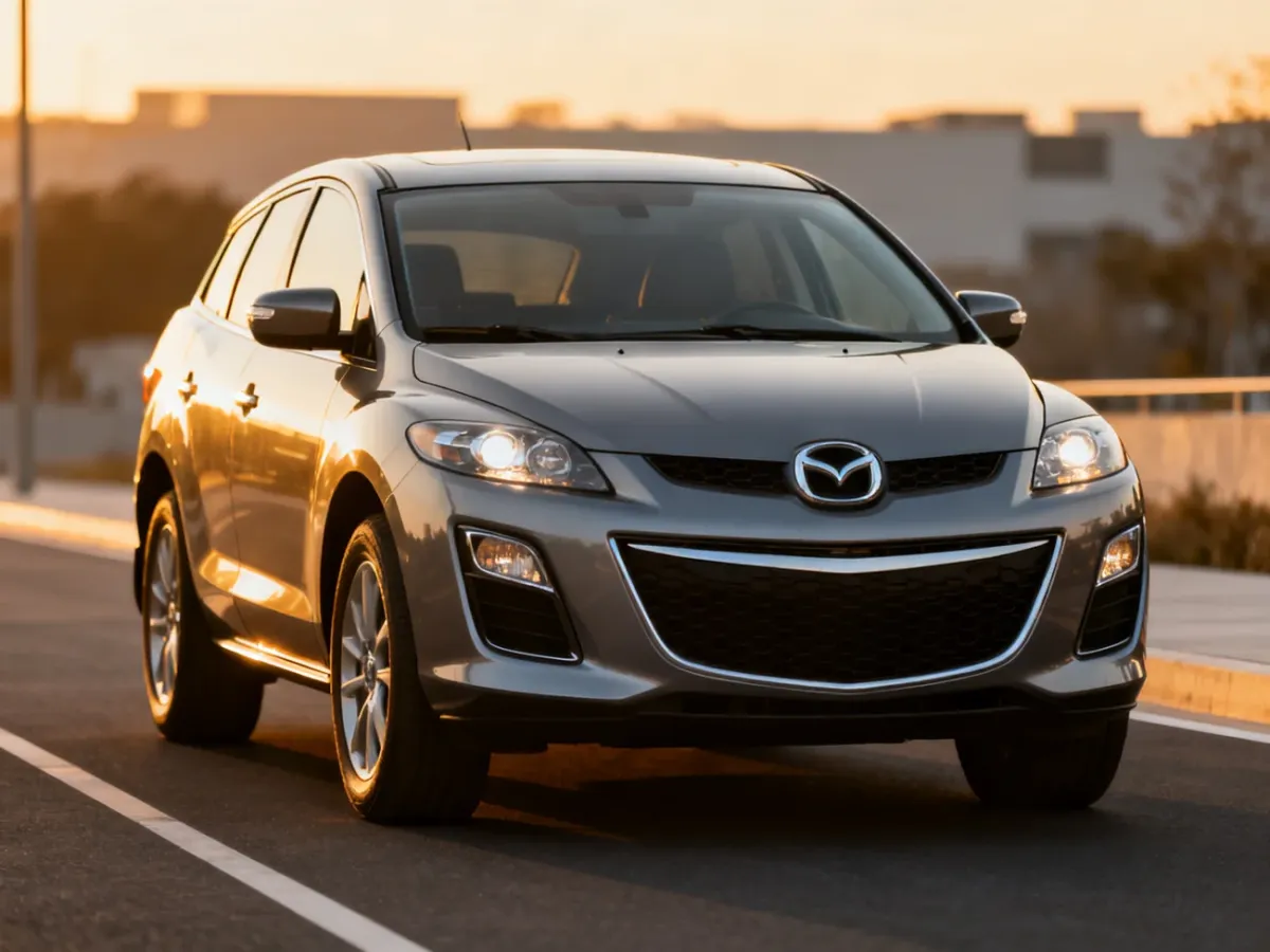 Srebrna Mazda CX-7 zaparkowana na nowoczesnej ulicy w świetle zachodzącego słońca, podkreślającym jej sportową sylwetkę.