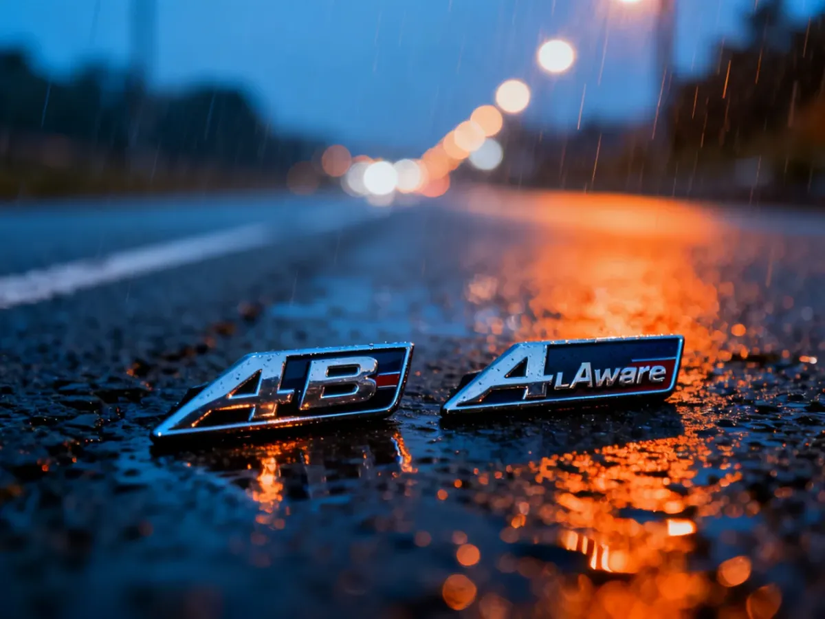 Zbliżenie na emblematy systemów napędu na cztery koła Subaru i Audi na mokrym asfalcie w wieczornym oświetleniu.