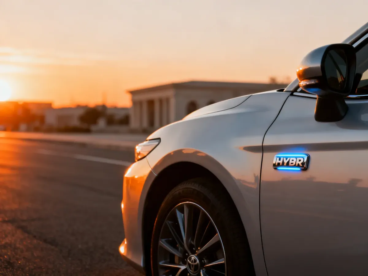 Srebrna Toyota Camry hybrid zaparkowana na tle miejskiego krajobrazu podczas zachodu słońca. Widoczny detal emblematu hybrydy.