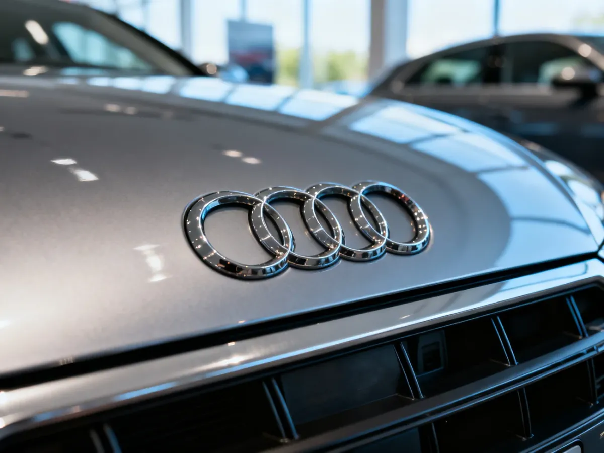 Zbliżenie na logo Audi na lśniącej masce samochodu w salonie, podkreślające wysoką jakość wykonania pojazdu.