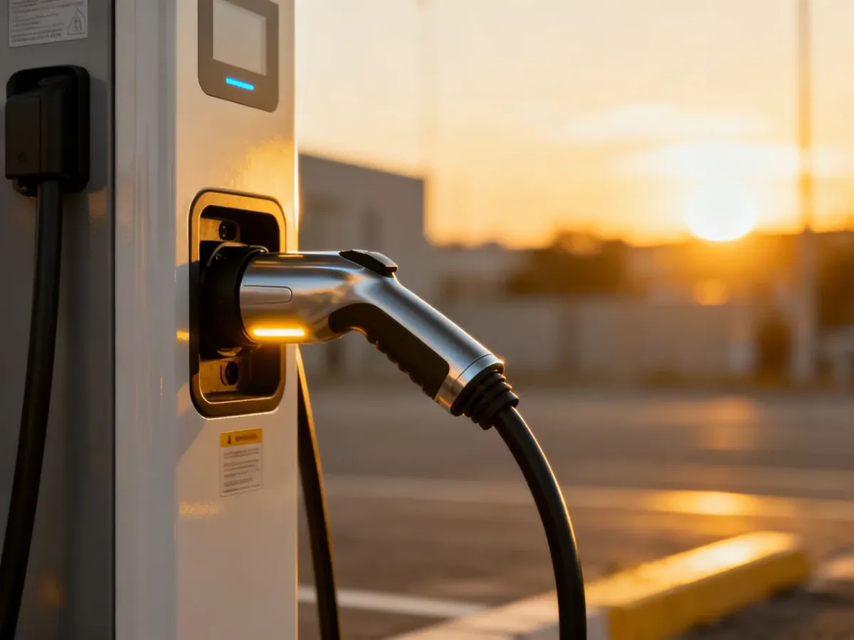 Nowoczesna stacja ładowania z podłączonym kablem do samochodu elektrycznego w świetle zachodzącego słońca.