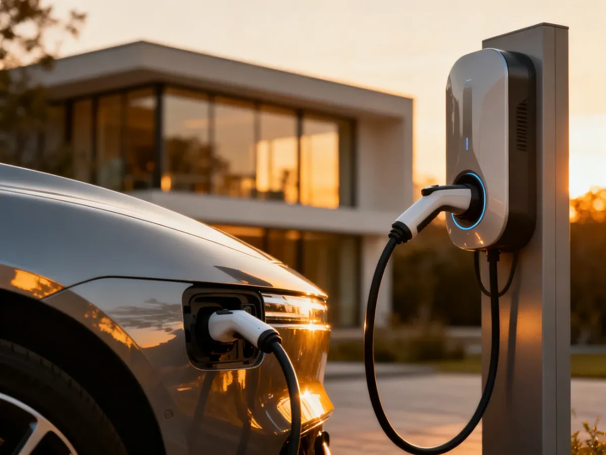 Nowoczesna stacja ładowania samochodu elektrycznego przy minimalistycznym domu w świetle zachodzącego słońca.