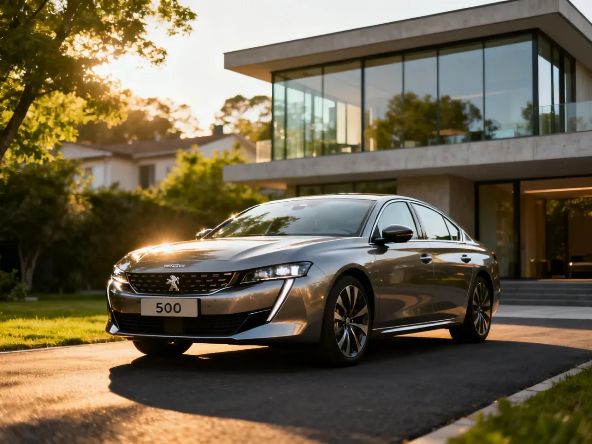 Nowoczesny Peugeot 508 w wersji hybrydowej zaparkowany przed elegancką willą w świetle zachodzącego słońca.