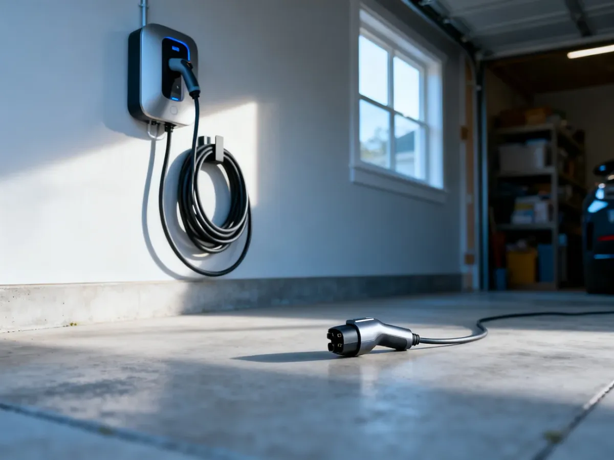Naścienna stacja ładowania pojazdów elektrycznych zamontowana w nowoczesnym garażu domowym.